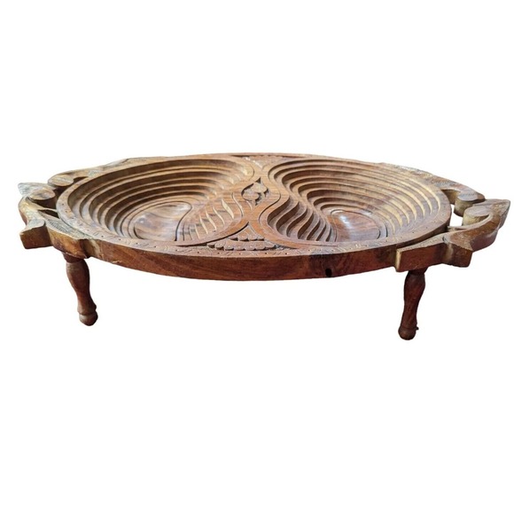 Vintage Wood Coil Carved Bowl Expandable Primitive Decor Footed Double - Picture 6 of 8